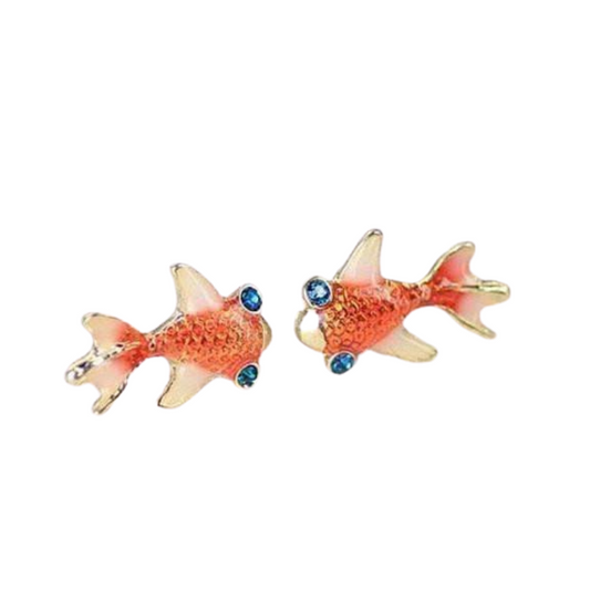 14K Gold Plated Goldfish Earrings with Blue Topaz Crystal Eyes For Woman