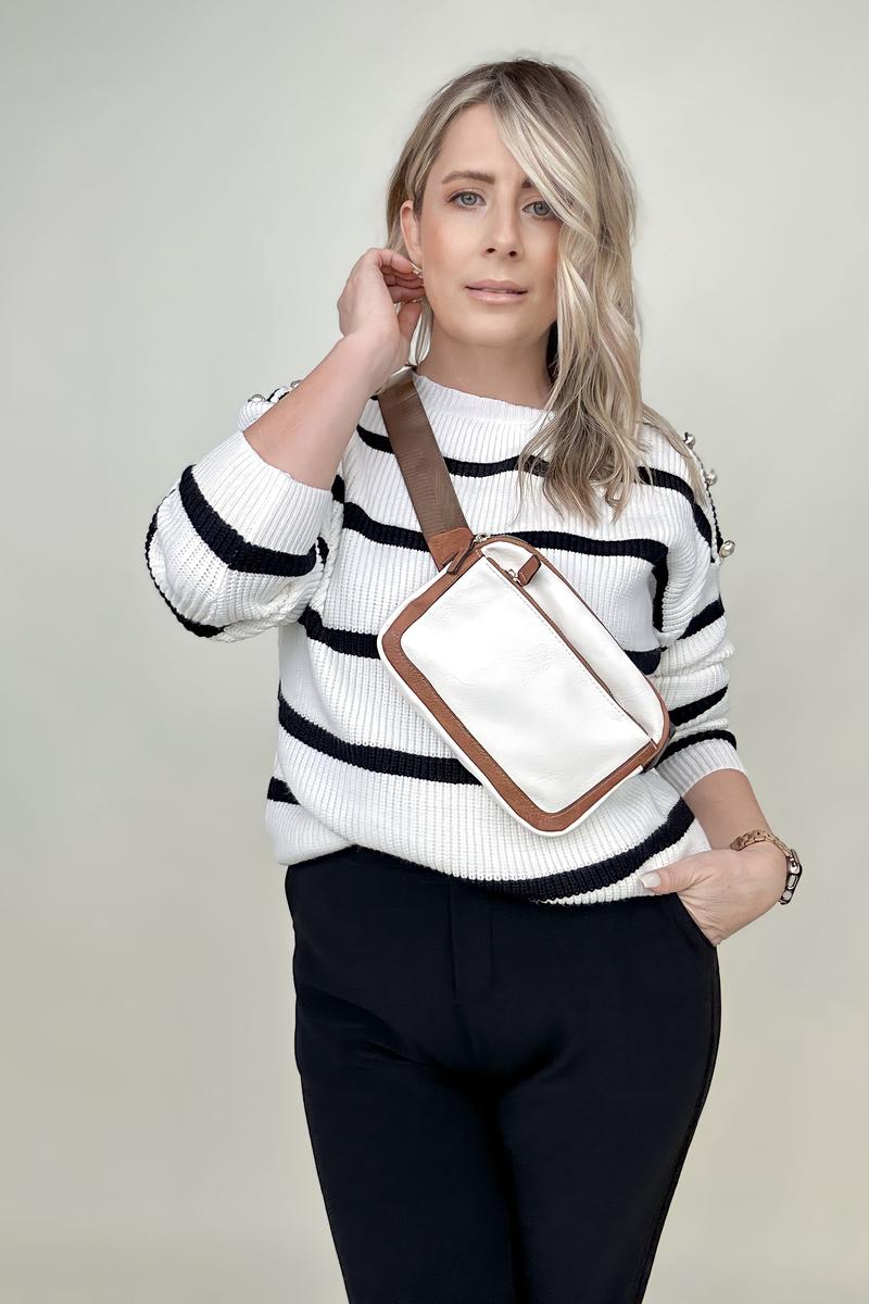 White and Black Stripe Sweater With Pearl Button Detail