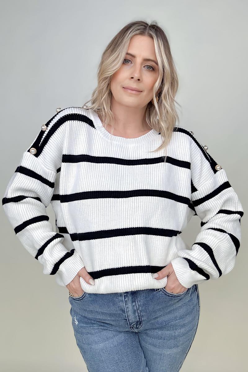 White and Black Stripe Sweater With Pearl Button Detail