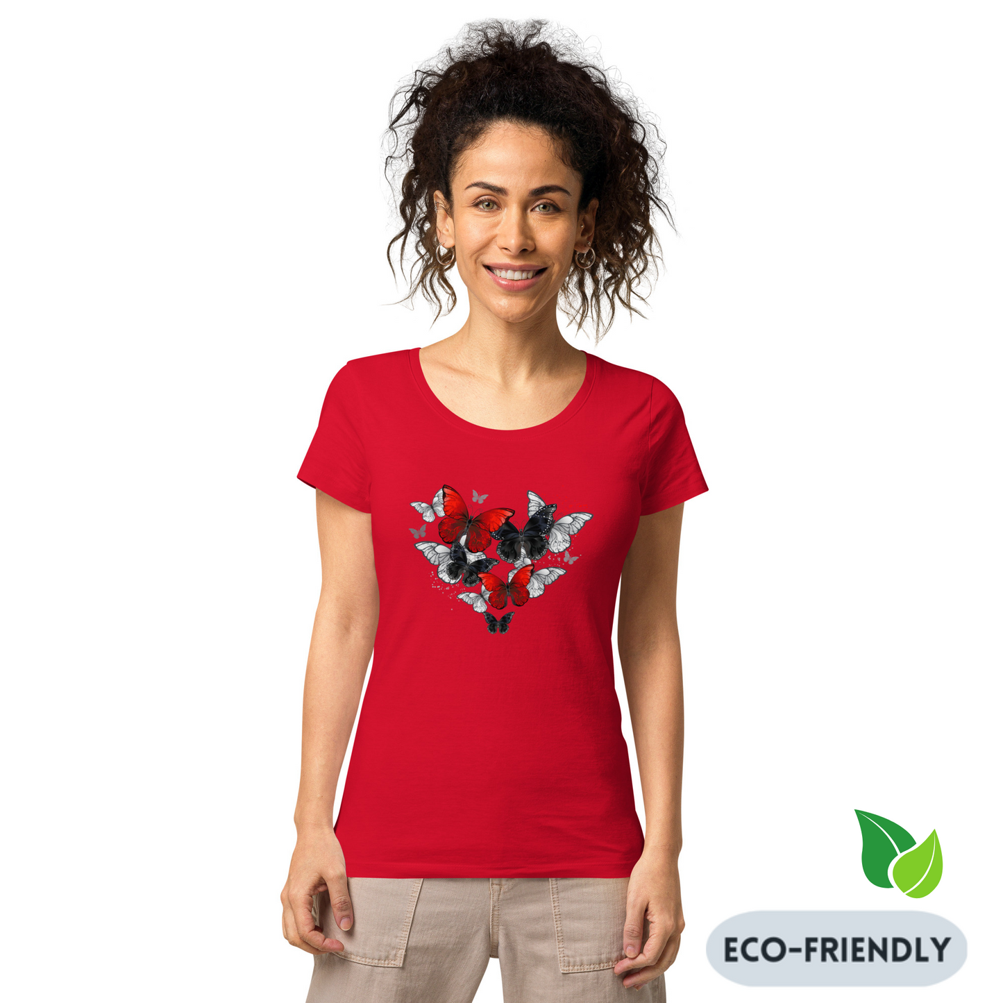 Women’s Basic Organic Eco-Friendly T-Shirt Soft Scoop Neck Red & Black Butterflies Design by IOBI Original Apparel