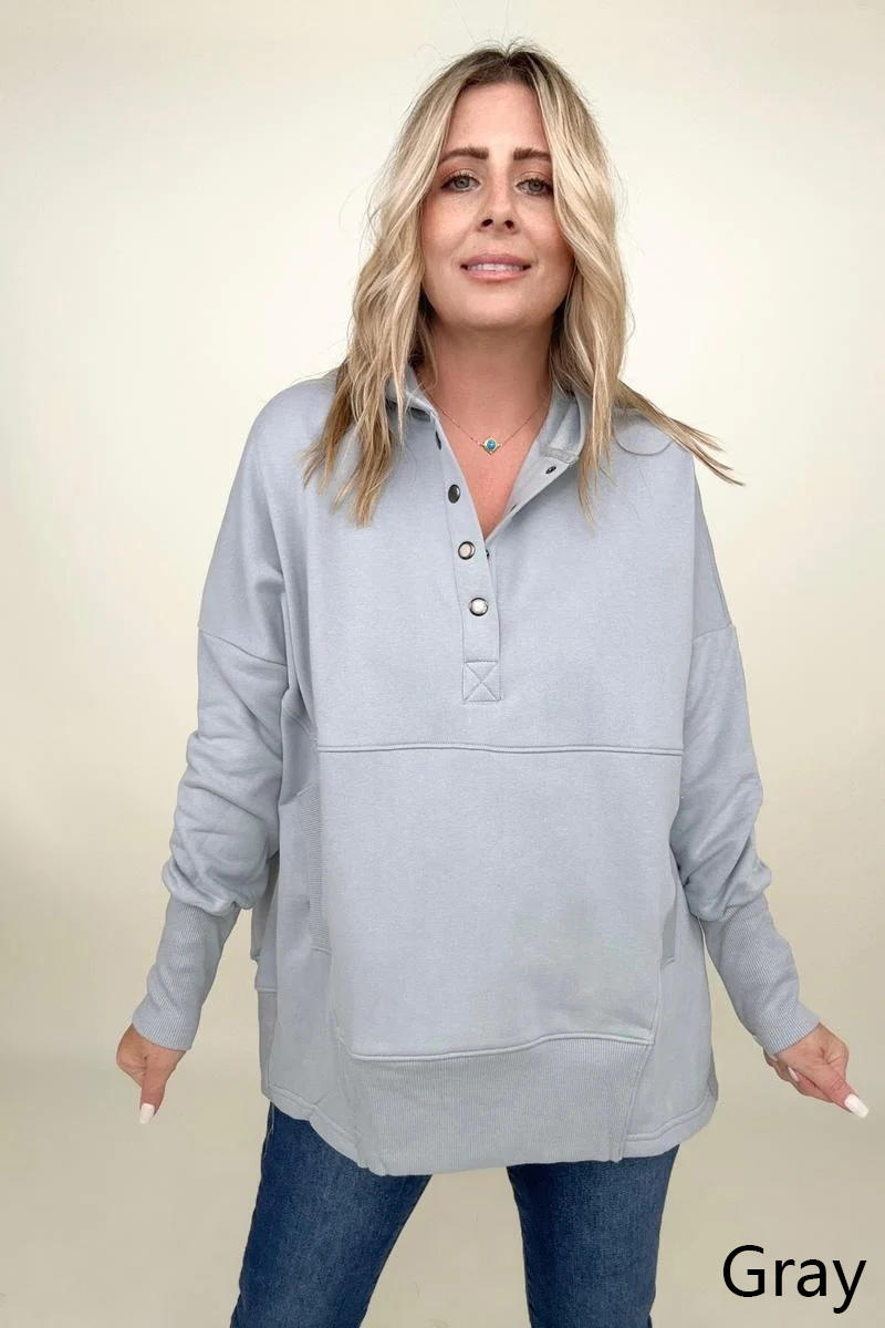 Batwing Sleeve Buttoned Hoodie with Pockets