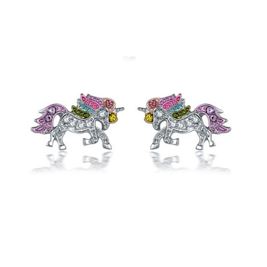 14K White Gold Plated Rainbow Crystal Unicorn Sparkly Earrings For Woman
