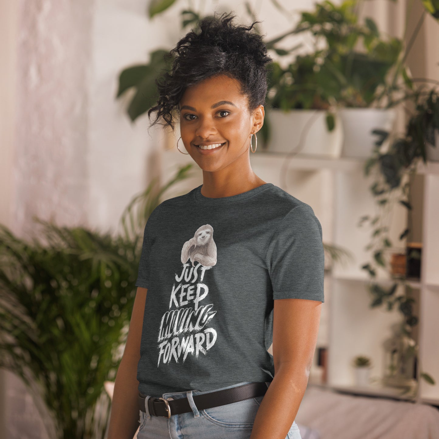 Short-Sleeve Women Soft T-Shirt Just Keep Moving Forward Sloth Design by IOBI Original Apparel