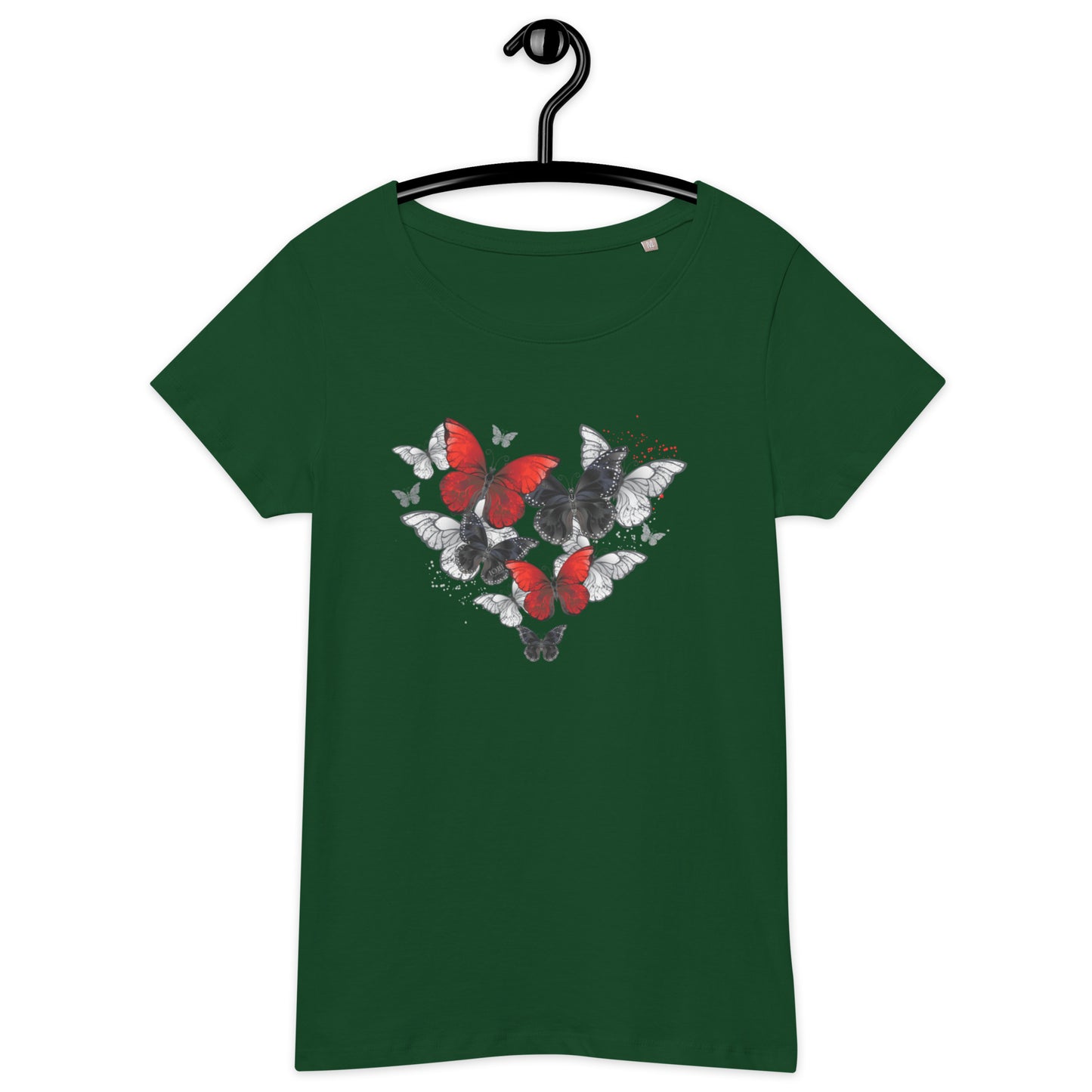 Women’s Basic Organic Eco-Friendly T-Shirt Soft Scoop Neck Red & Black Butterflies Design by IOBI Original Apparel