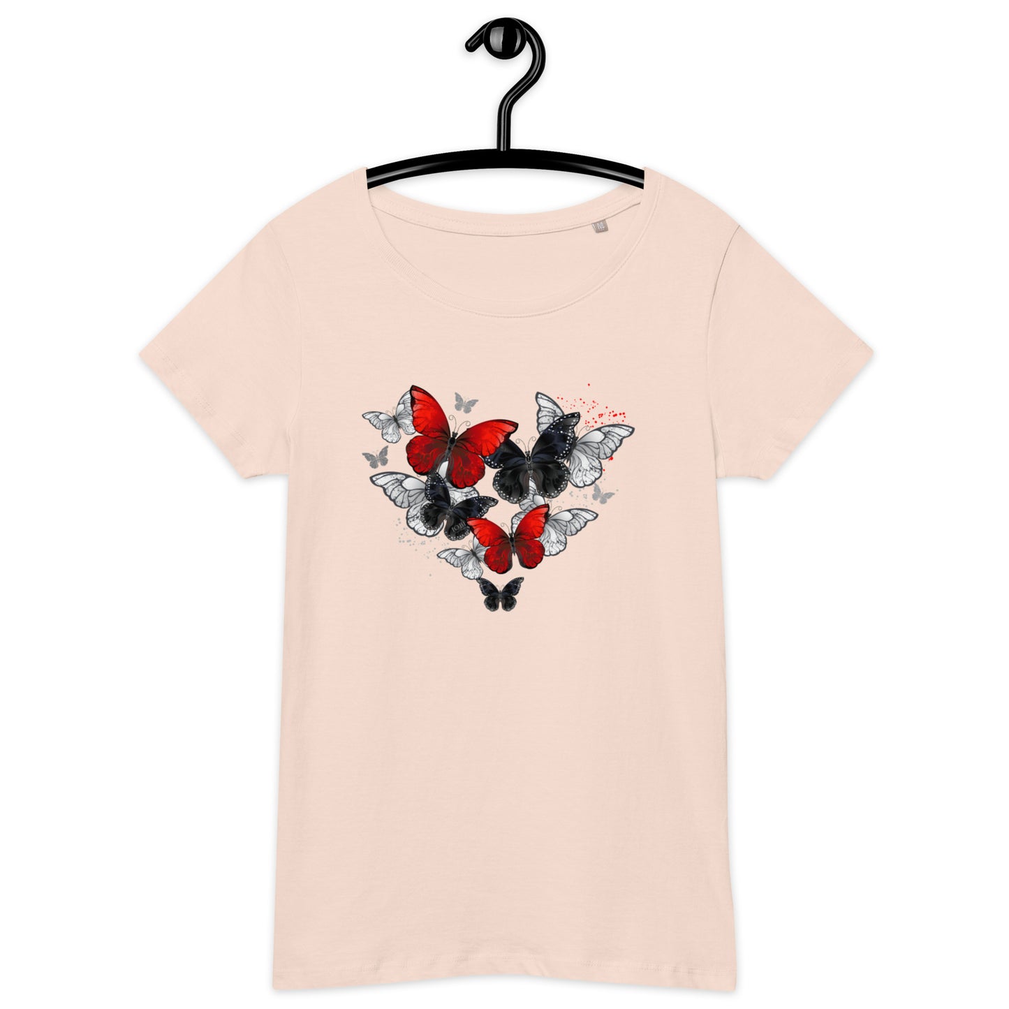 Women’s Basic Organic Eco-Friendly T-Shirt Soft Scoop Neck Red & Black Butterflies Design by IOBI Original Apparel