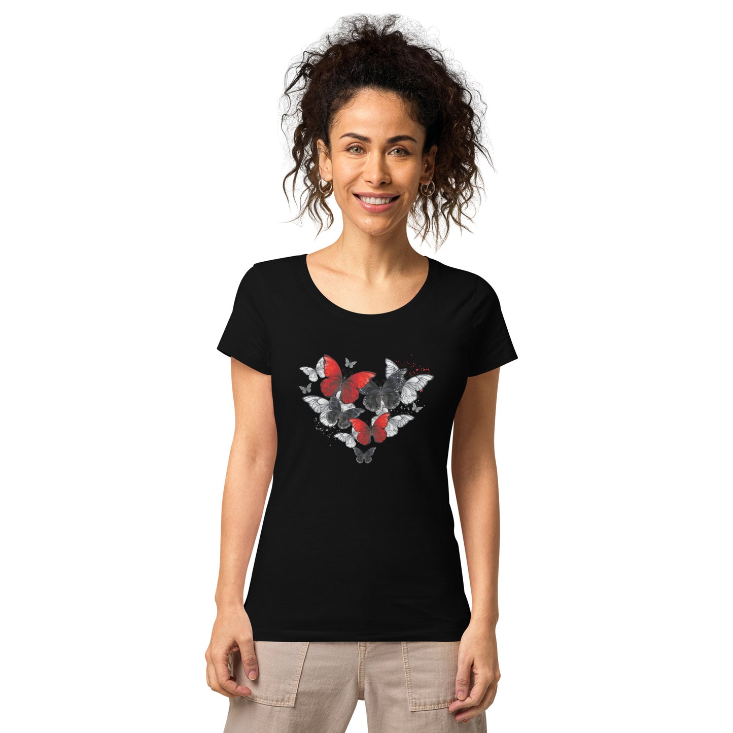 Women’s Basic Organic Eco-Friendly T-Shirt Soft Scoop Neck Red & Black Butterflies Design by IOBI Original Apparel