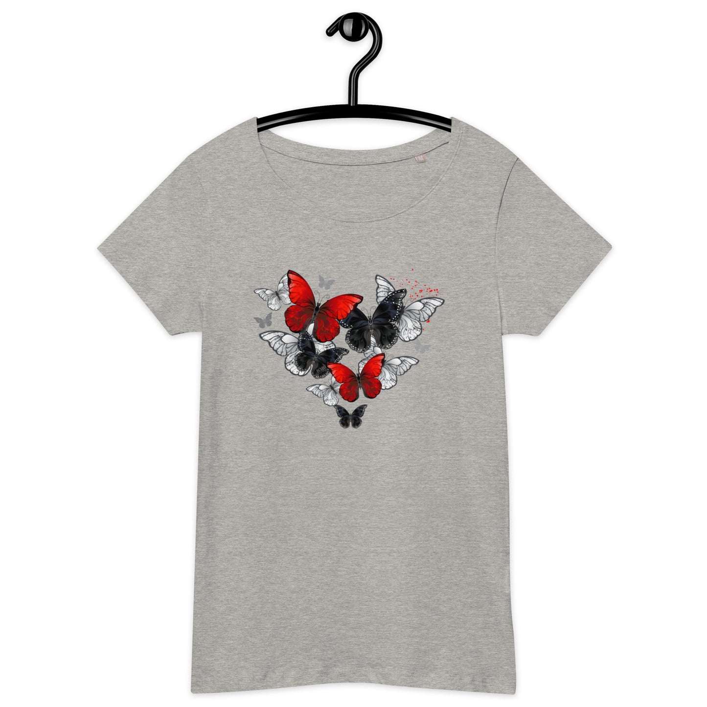 Women’s Basic Organic Eco-Friendly T-Shirt Soft Scoop Neck Red & Black Butterflies Design by IOBI Original Apparel