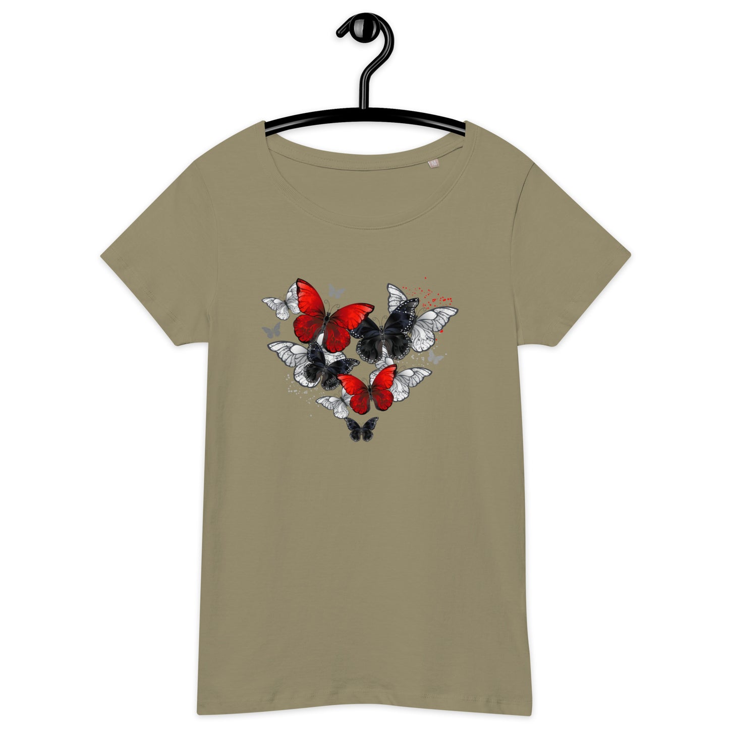 Women’s Basic Organic Eco-Friendly T-Shirt Soft Scoop Neck Red & Black Butterflies Design by IOBI Original Apparel