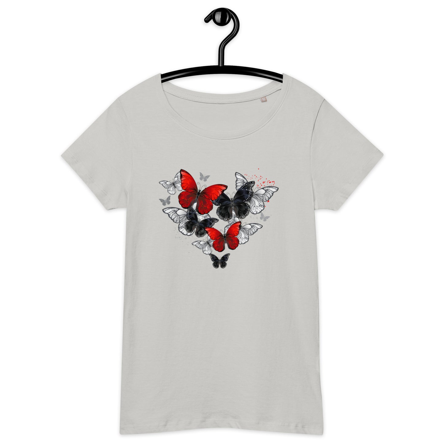 Women’s Basic Organic Eco-Friendly T-Shirt Soft Scoop Neck Red & Black Butterflies Design by IOBI Original Apparel