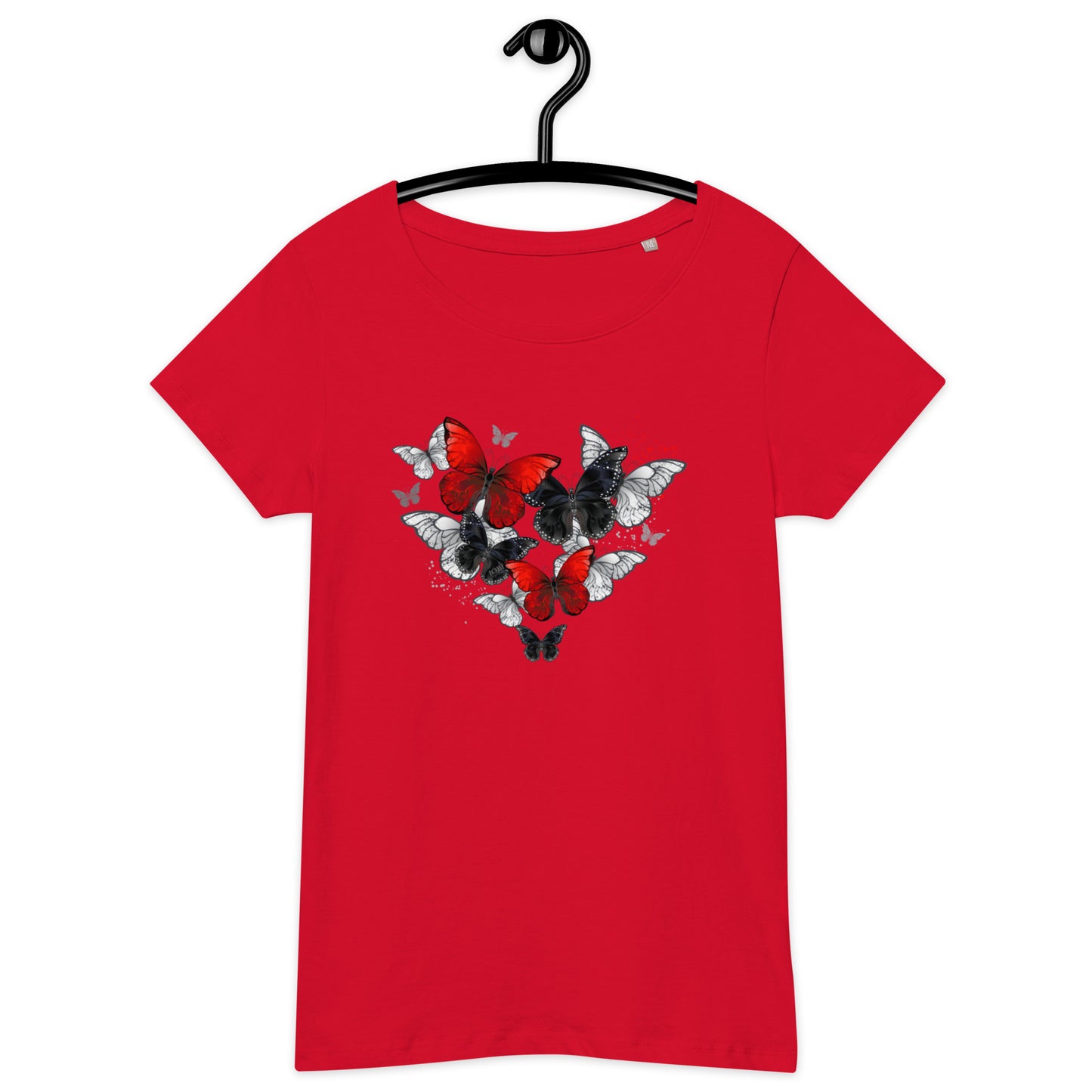 Women’s Basic Organic Eco-Friendly T-Shirt Soft Scoop Neck Red & Black Butterflies Design by IOBI Original Apparel