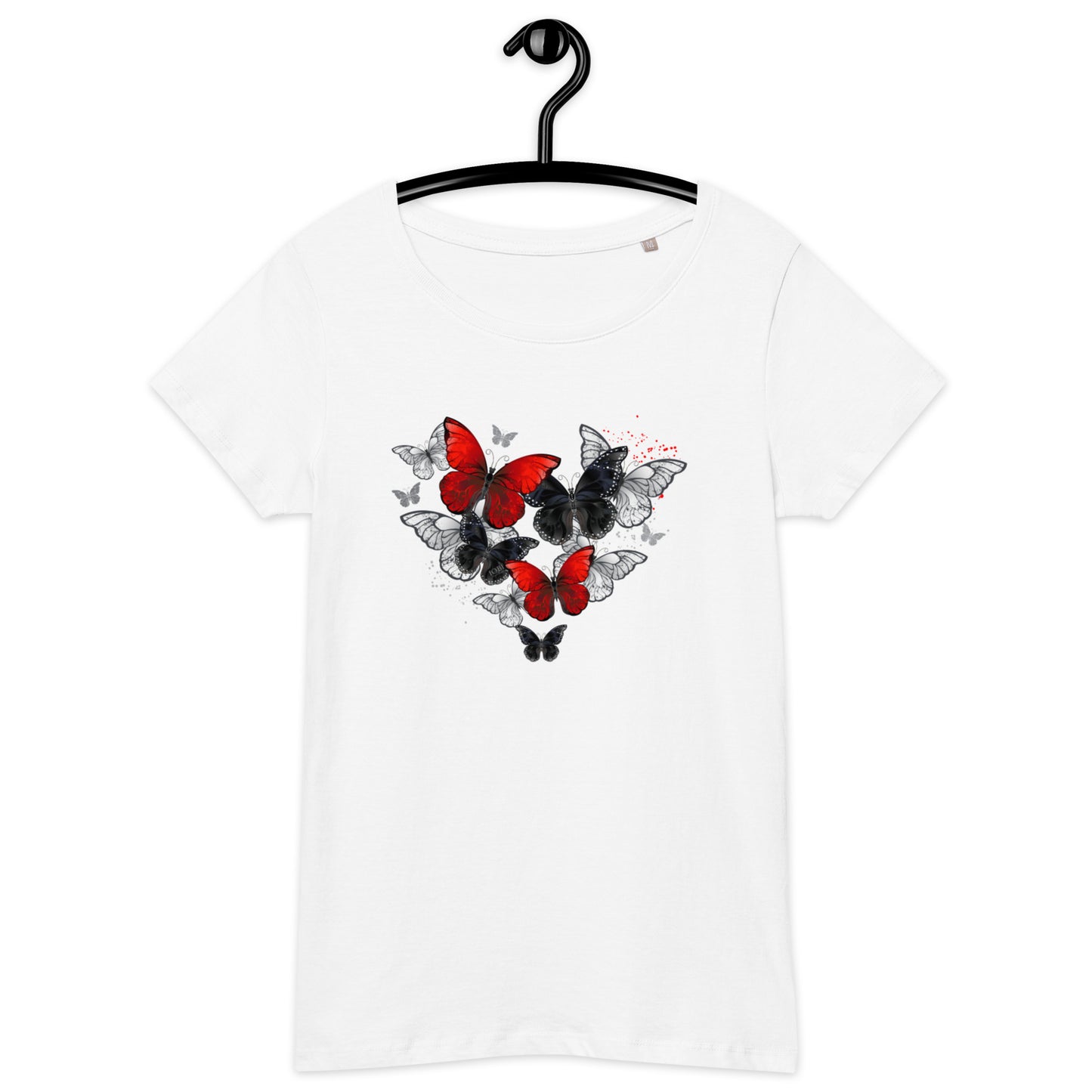 Women’s Basic Organic Eco-Friendly T-Shirt Soft Scoop Neck Red & Black Butterflies Design by IOBI Original Apparel