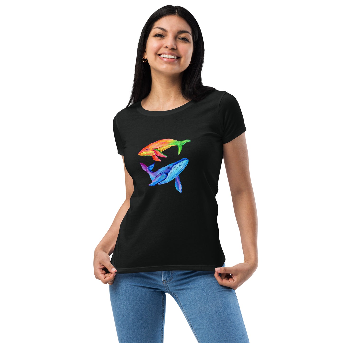 Women’s Fitted T-Shirt Super Soft & Stretchy Slim Fit Next Level Magical Whales Design by IOBI Original Apparel