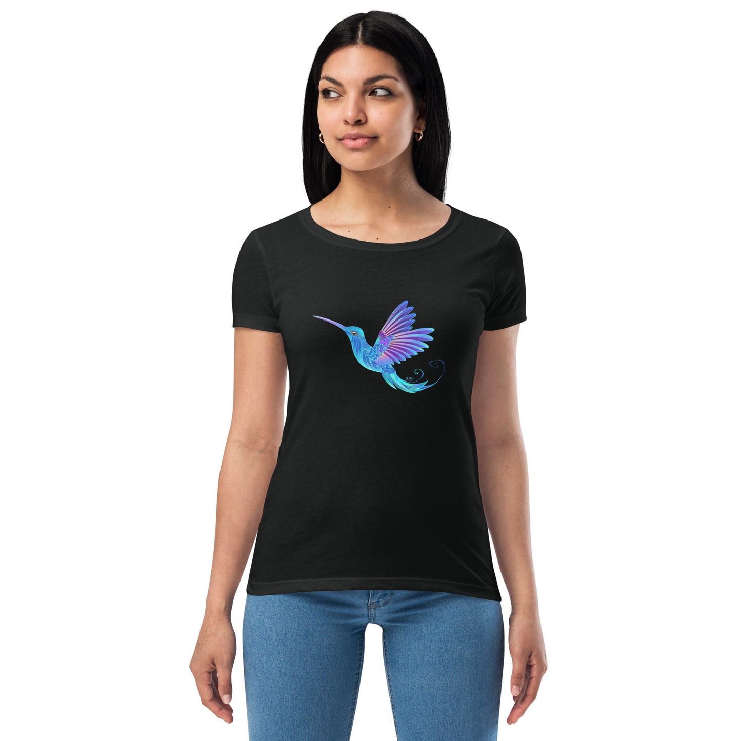 Women’s Fitted T-Shirt Super Soft & Stretchy Slim Fit Next Level Magical Blue Hummingbird  Design by IOBI Original Apparel