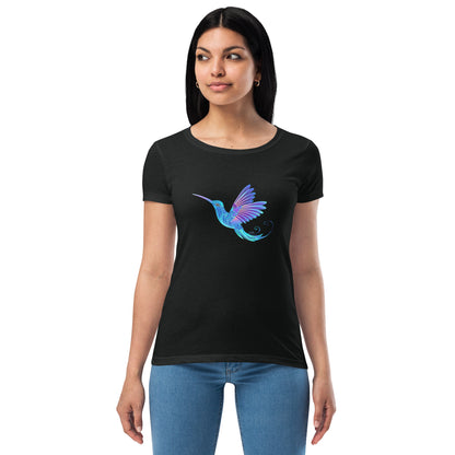 Women’s Fitted T-Shirt Super Soft & Stretchy Slim Fit Next Level Magical Blue Hummingbird  Design by IOBI Original Apparel