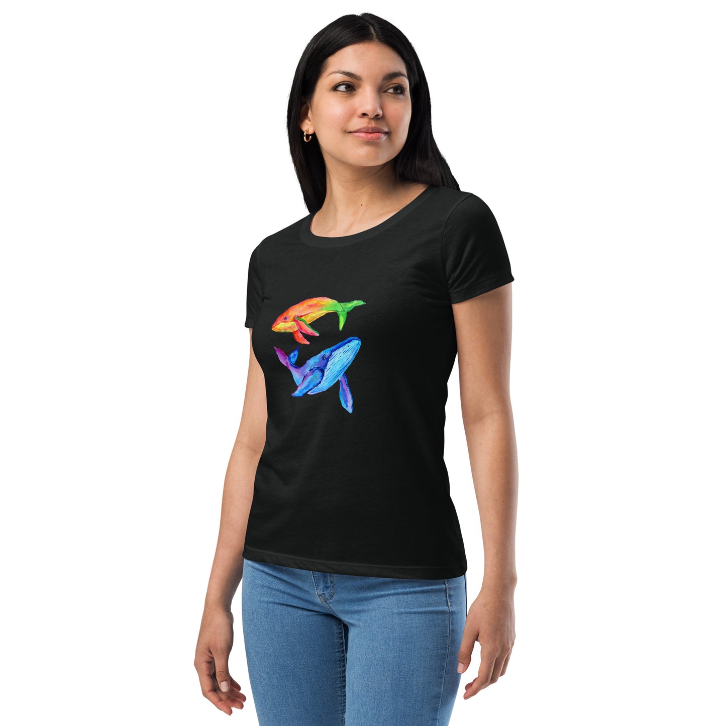 Women’s Fitted T-Shirt Super Soft & Stretchy Slim Fit Next Level Magical Whales Design by IOBI Original Apparel