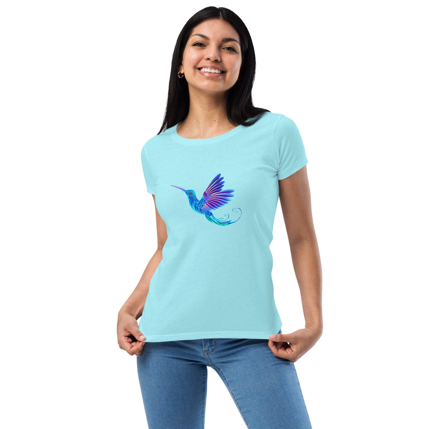 Women’s Fitted T-Shirt Super Soft & Stretchy Slim Fit Next Level Magical Blue Hummingbird  Design by IOBI Original Apparel