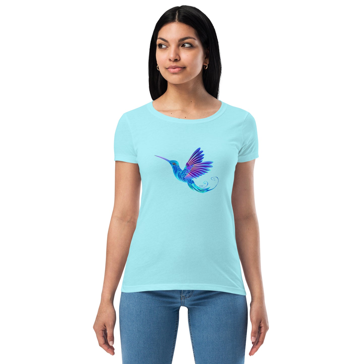 Women’s Fitted T-Shirt Super Soft & Stretchy Slim Fit Next Level Magical Blue Hummingbird  Design by IOBI Original Apparel