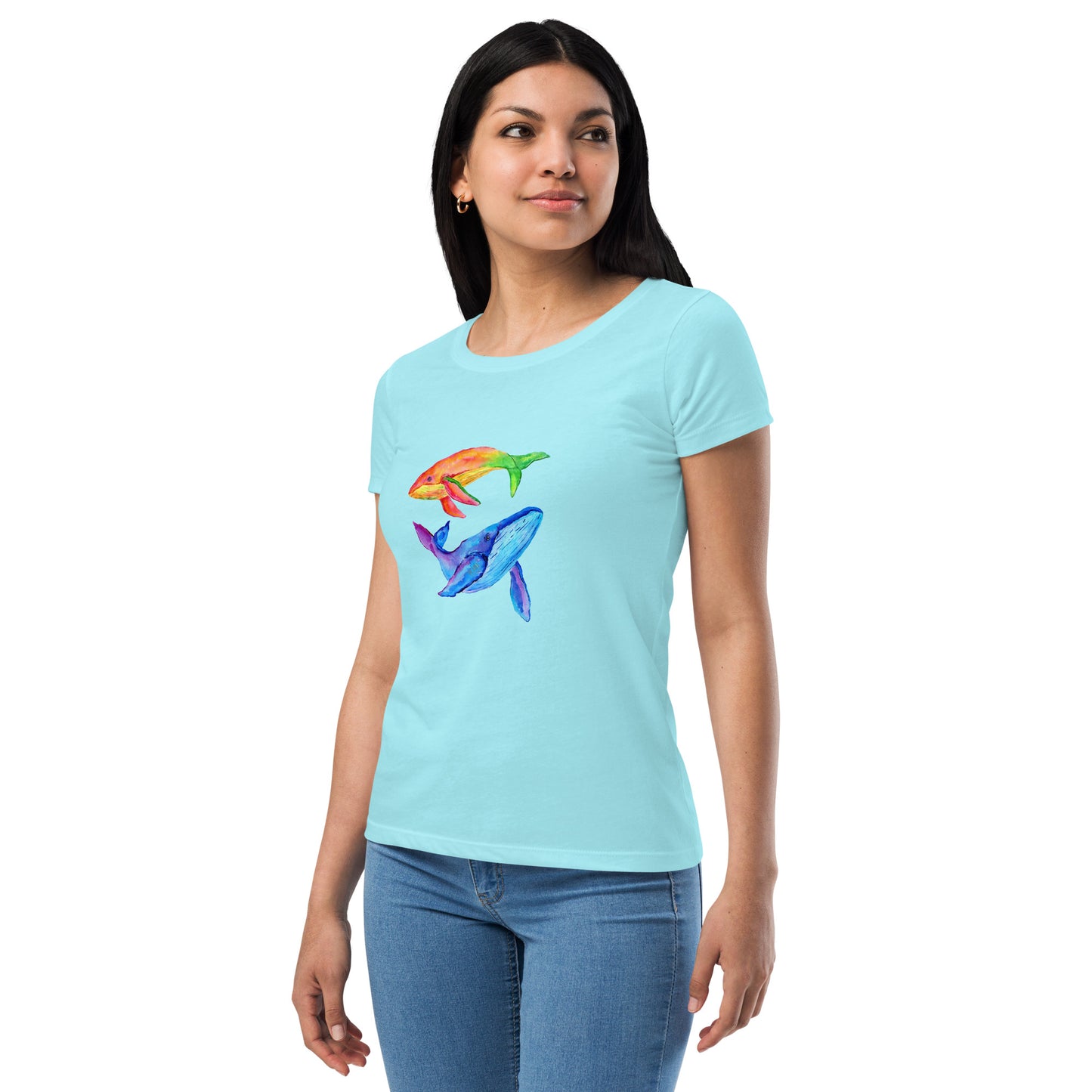 Women’s Fitted T-Shirt Super Soft & Stretchy Slim Fit Next Level Magical Whales Design by IOBI Original Apparel