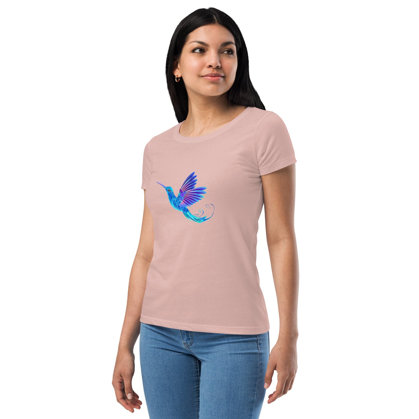 Women’s Fitted T-Shirt Super Soft & Stretchy Slim Fit Next Level Magical Blue Hummingbird  Design by IOBI Original Apparel