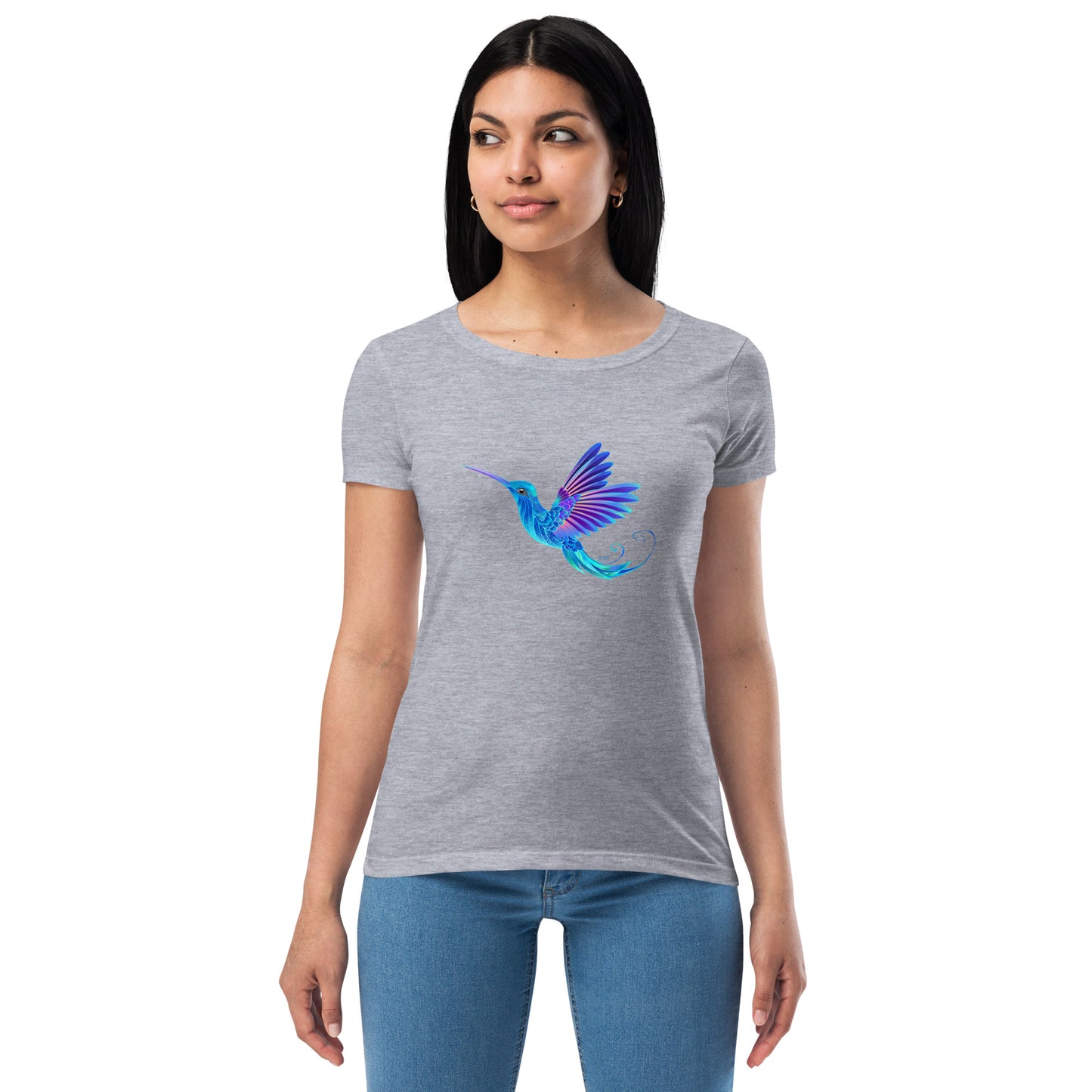 Women’s Fitted T-Shirt Super Soft & Stretchy Slim Fit Next Level Magical Blue Hummingbird  Design by IOBI Original Apparel