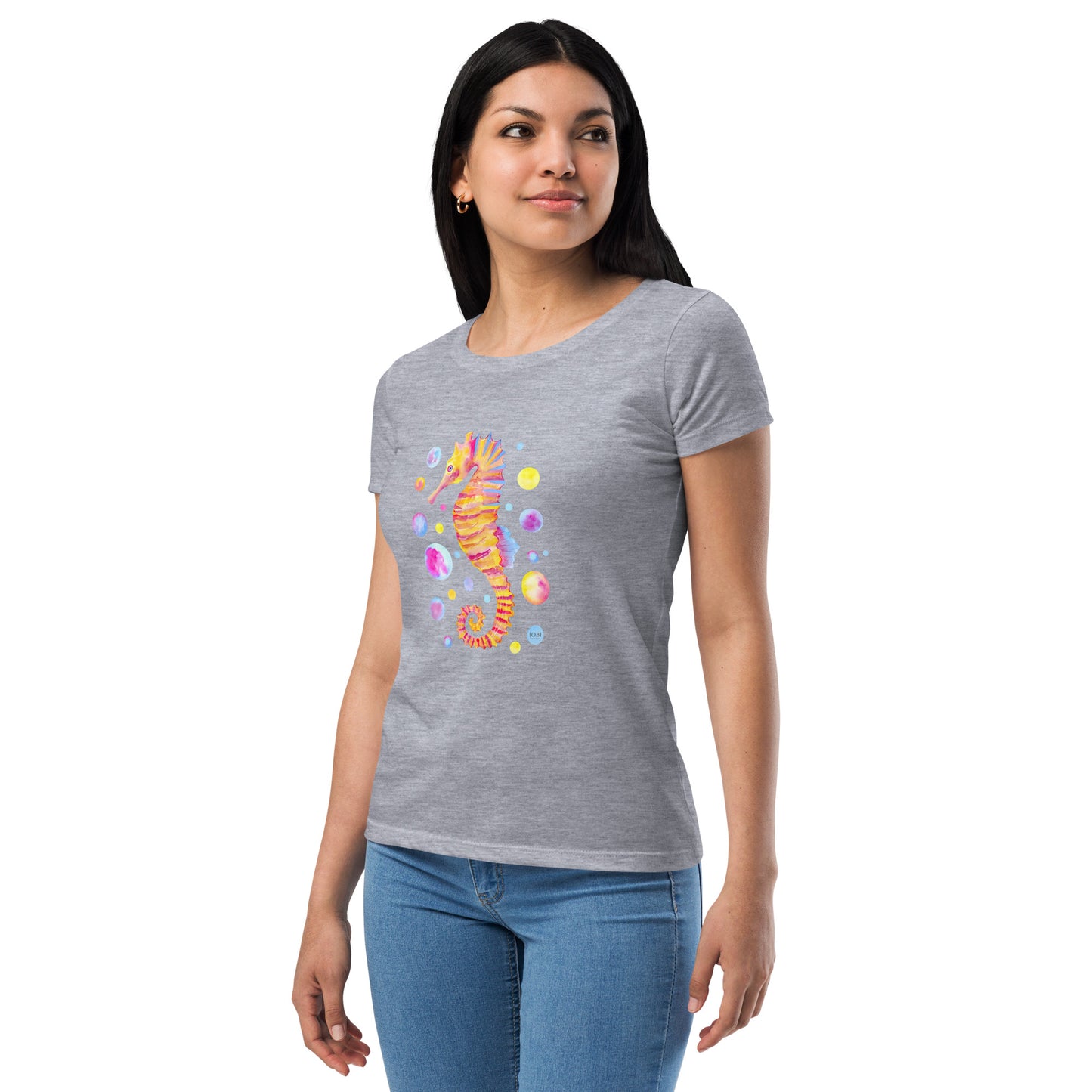 Women’s Fitted T-Shirt Super Soft & Stretchy Slim Fit Next Level Magical Sea Horse Design by IOBI Original Apparel