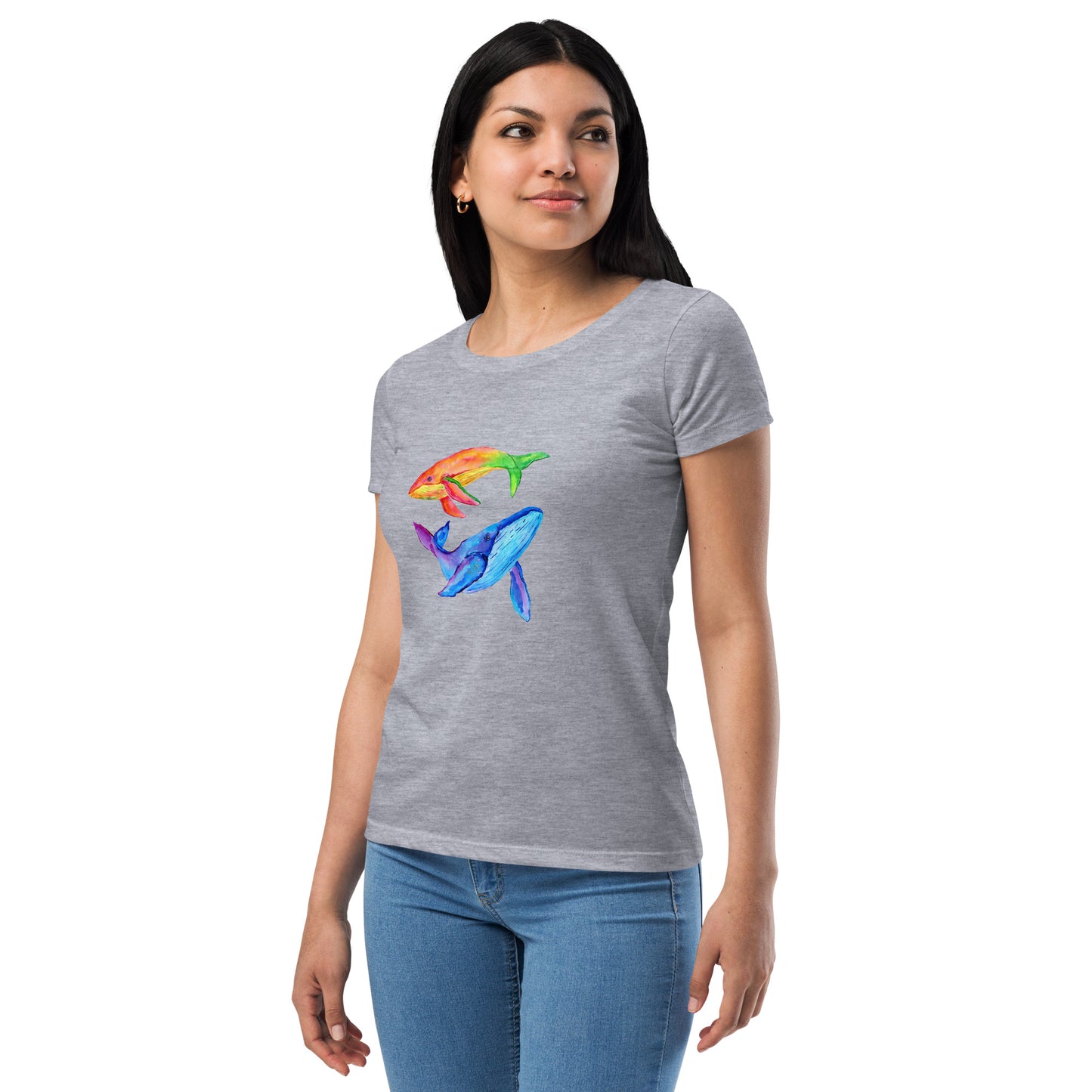 Women’s Fitted T-Shirt Super Soft & Stretchy Slim Fit Next Level Magical Whales Design by IOBI Original Apparel