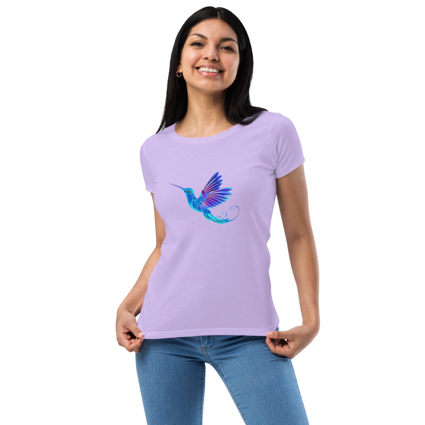 Women’s Fitted T-Shirt Super Soft & Stretchy Slim Fit Next Level Magical Blue Hummingbird  Design by IOBI Original Apparel