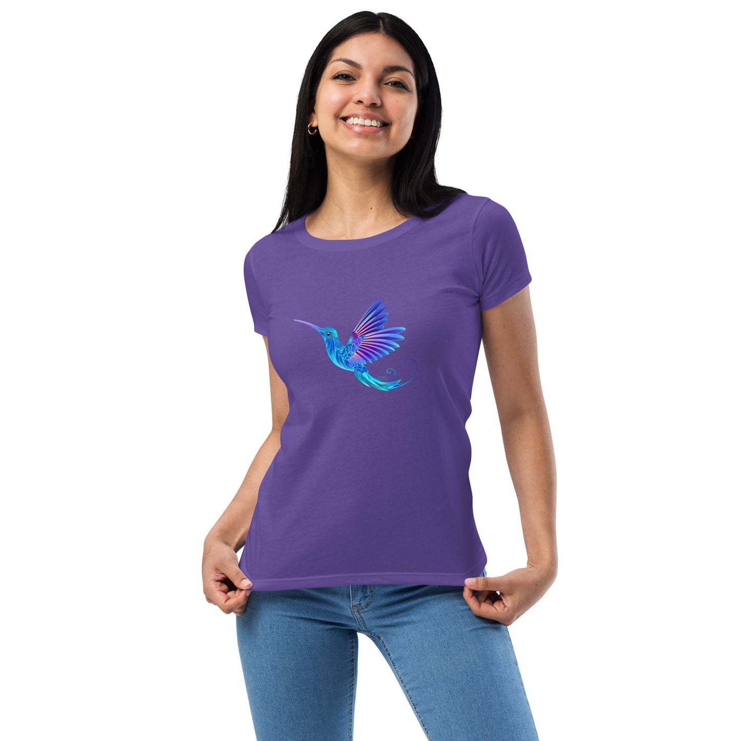 Women’s Fitted T-Shirt Super Soft & Stretchy Slim Fit Next Level Magical Blue Hummingbird  Design by IOBI Original Apparel