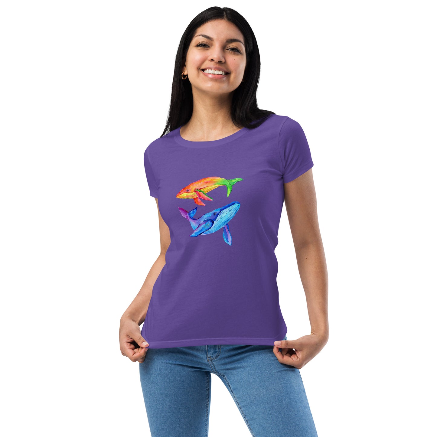 Women’s Fitted T-Shirt Super Soft & Stretchy Slim Fit Next Level Magical Whales Design by IOBI Original Apparel