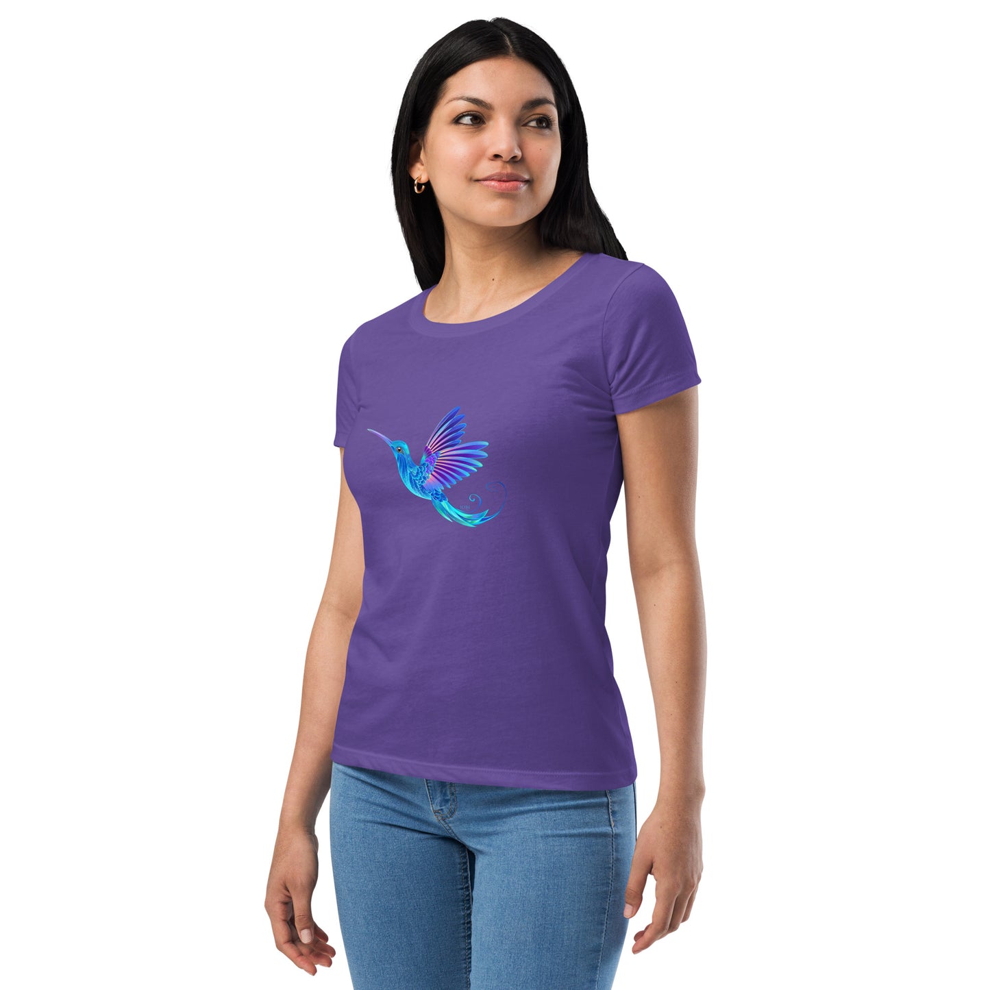 Women’s Fitted T-Shirt Super Soft & Stretchy Slim Fit Next Level Magical Blue Hummingbird  Design by IOBI Original Apparel