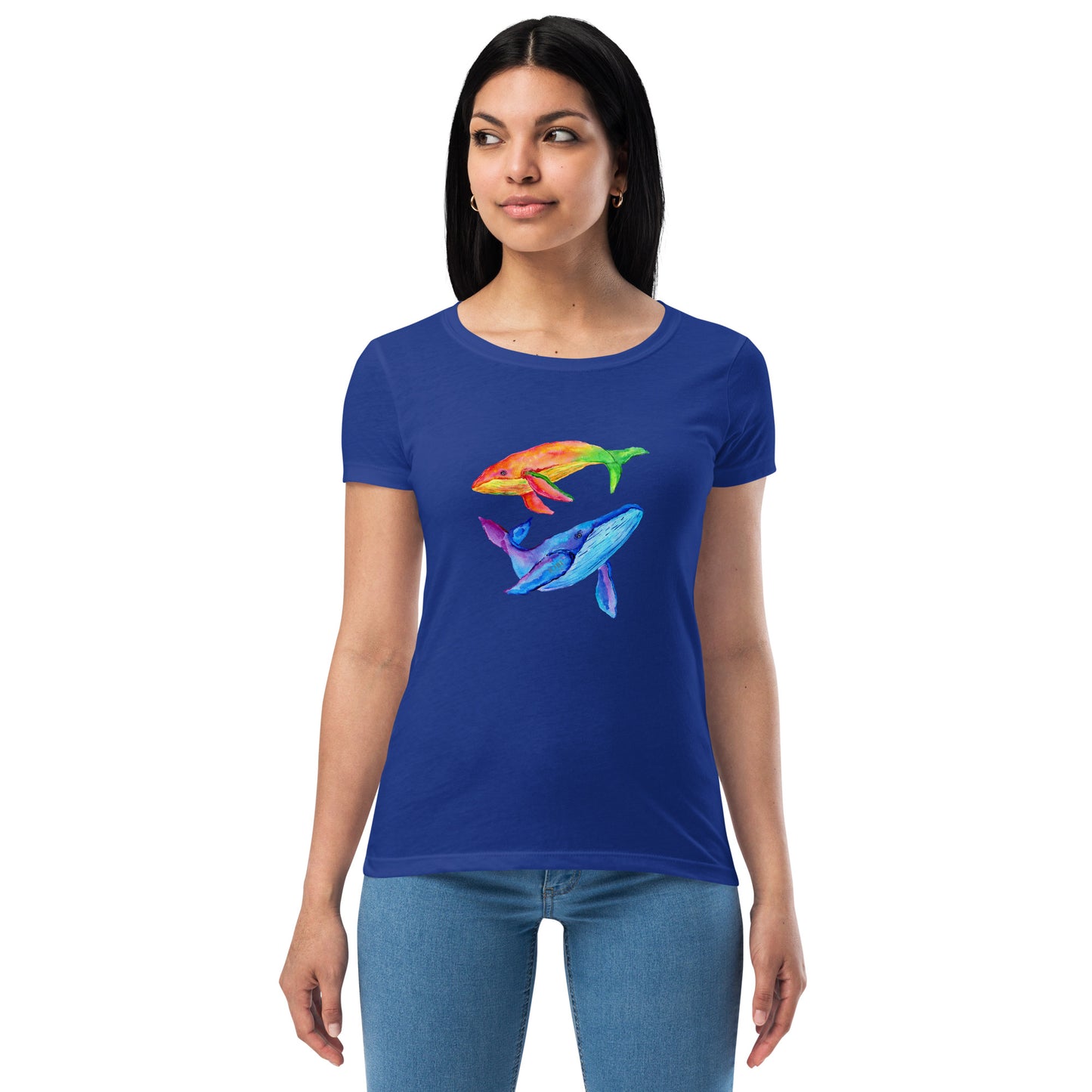 Women’s Fitted T-Shirt Super Soft & Stretchy Slim Fit Next Level Magical Whales Design by IOBI Original Apparel