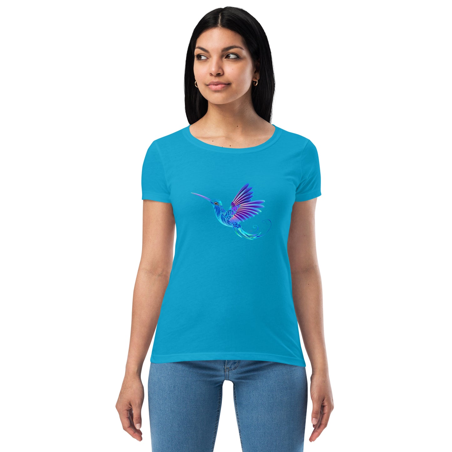 Women’s Fitted T-Shirt Super Soft & Stretchy Slim Fit Next Level Magical Blue Hummingbird  Design by IOBI Original Apparel