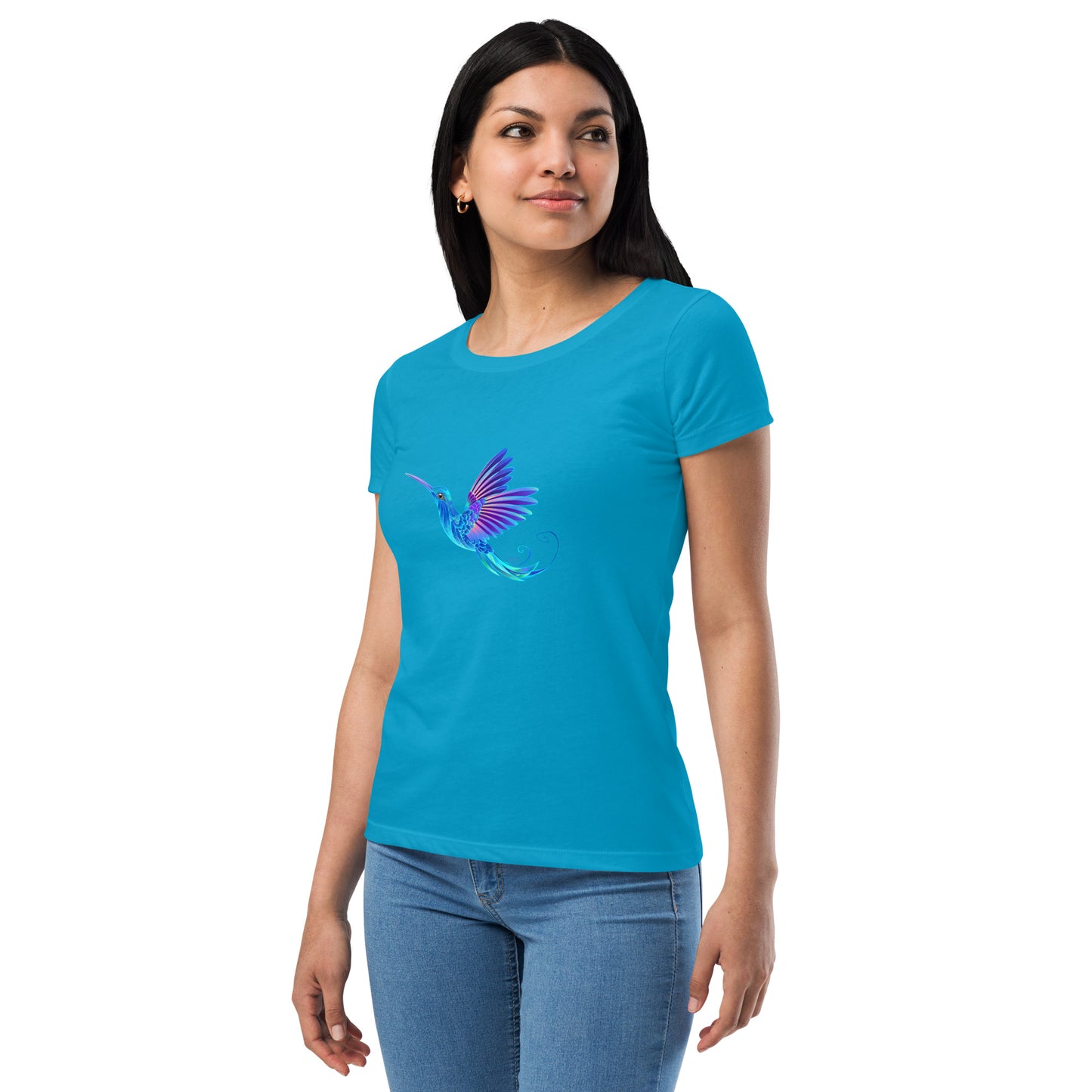 Women’s Fitted T-Shirt Super Soft & Stretchy Slim Fit Next Level Magical Blue Hummingbird  Design by IOBI Original Apparel