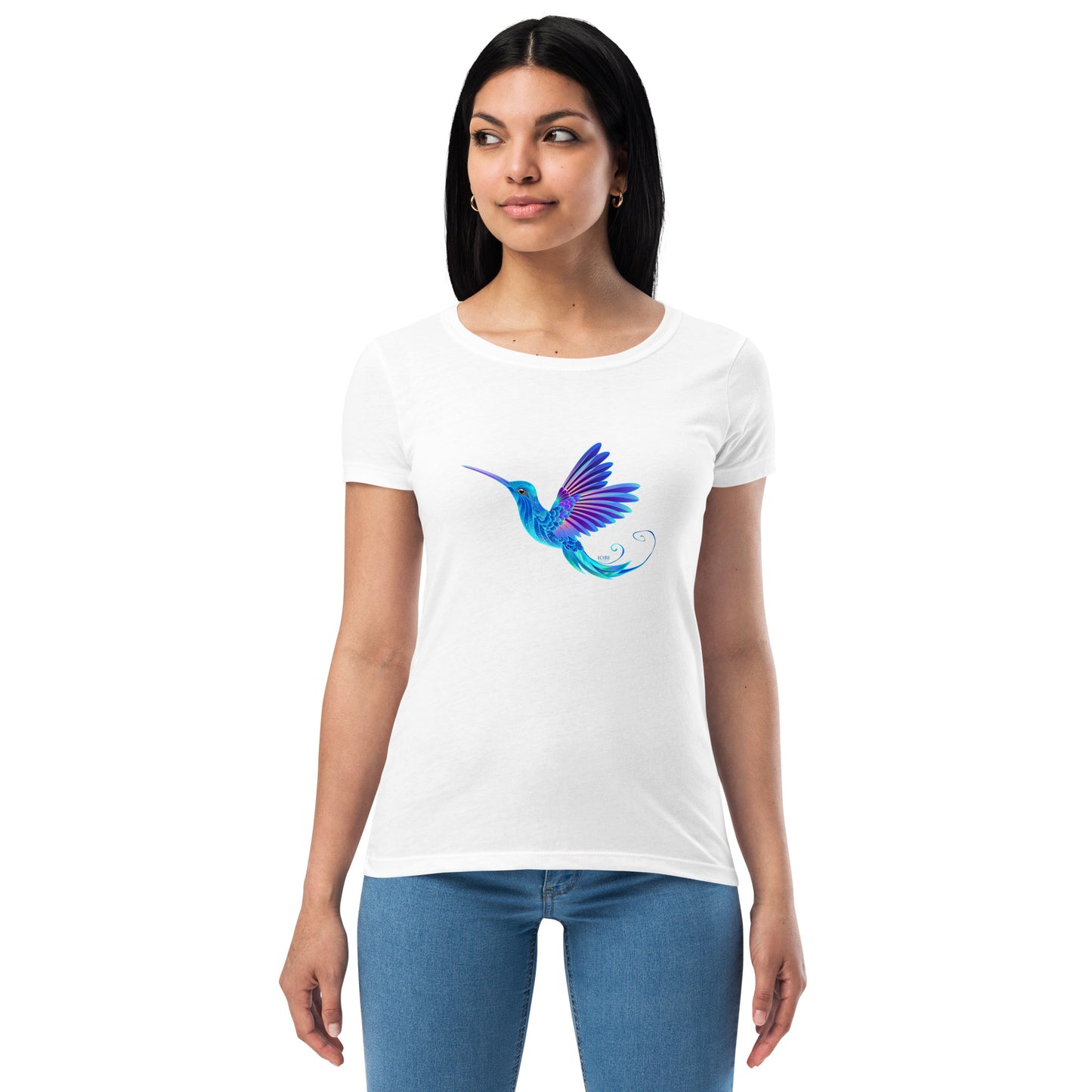 Women’s Fitted T-Shirt Super Soft & Stretchy Slim Fit Next Level Magical Blue Hummingbird  Design by IOBI Original Apparel