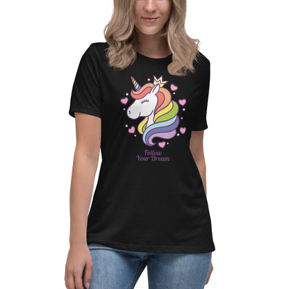 Women's Relaxed Soft & Smooth Premium Quality T-Shirt Follow Your Dream Unicorn Design by IOBI Original Apparel