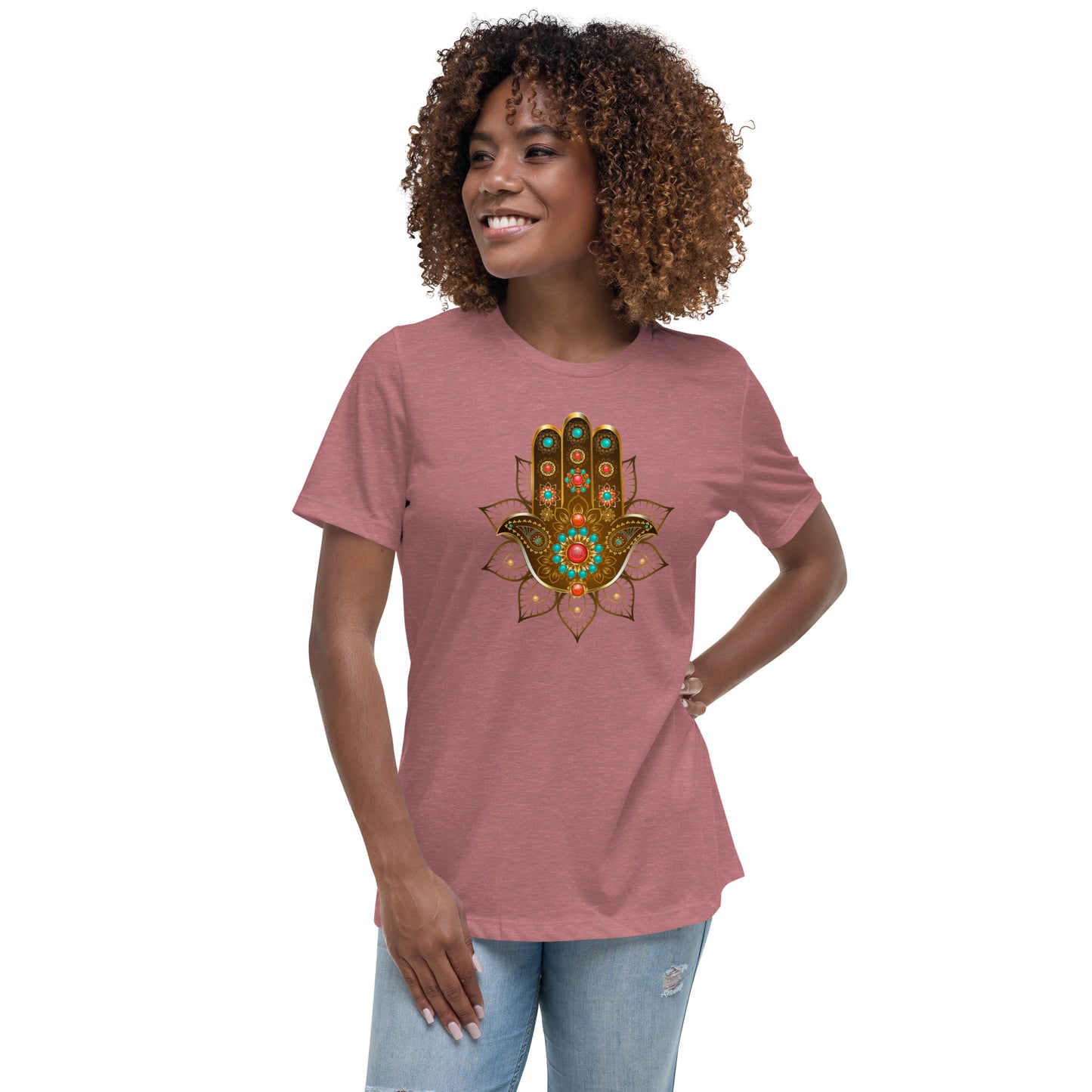 Women's Relaxed Soft & Smooth Premium Quality T-Shirt Gold Bead Hamsa Design by IOBI Original Apparel