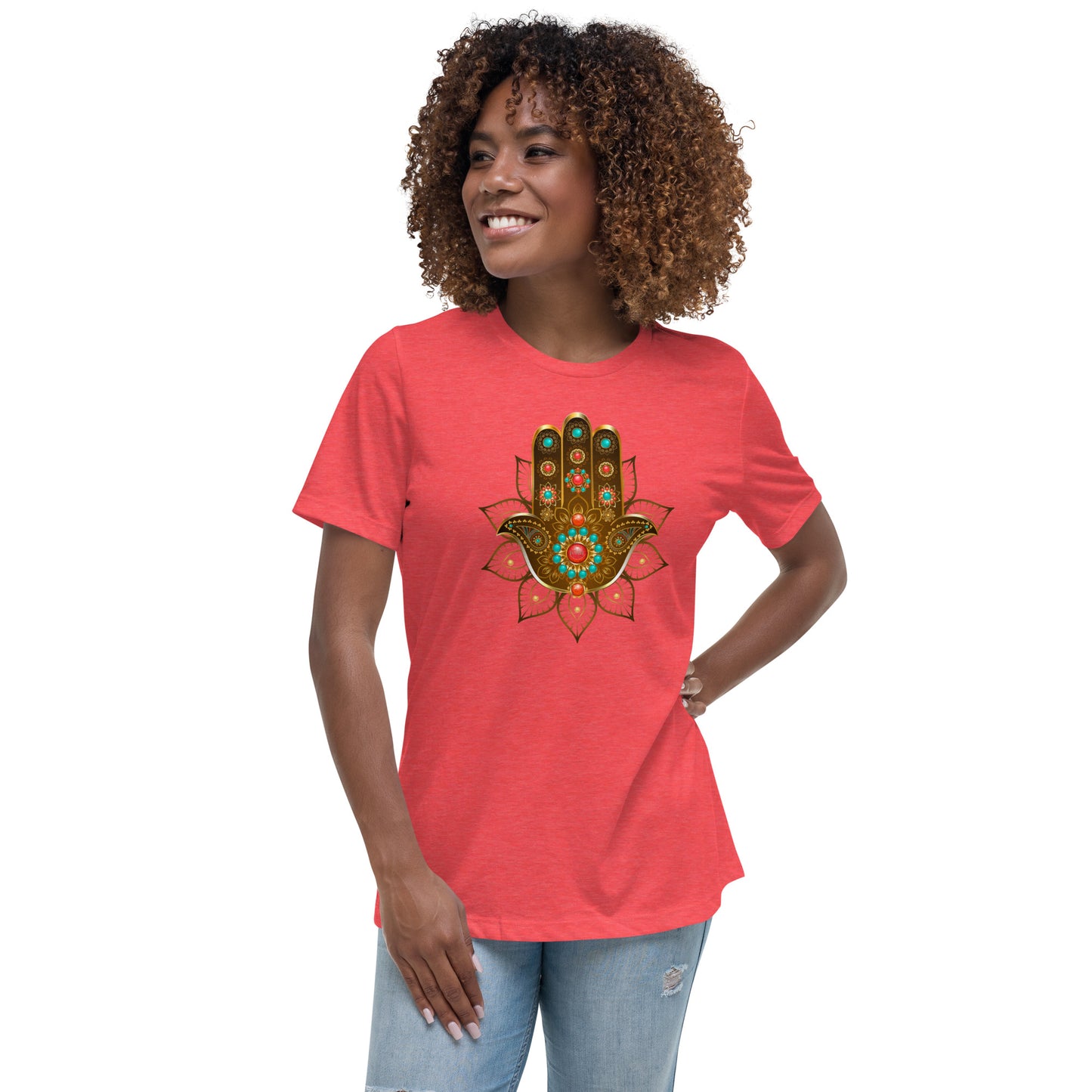 Women's Relaxed Soft & Smooth Premium Quality T-Shirt Gold Bead Hamsa Design by IOBI Original Apparel