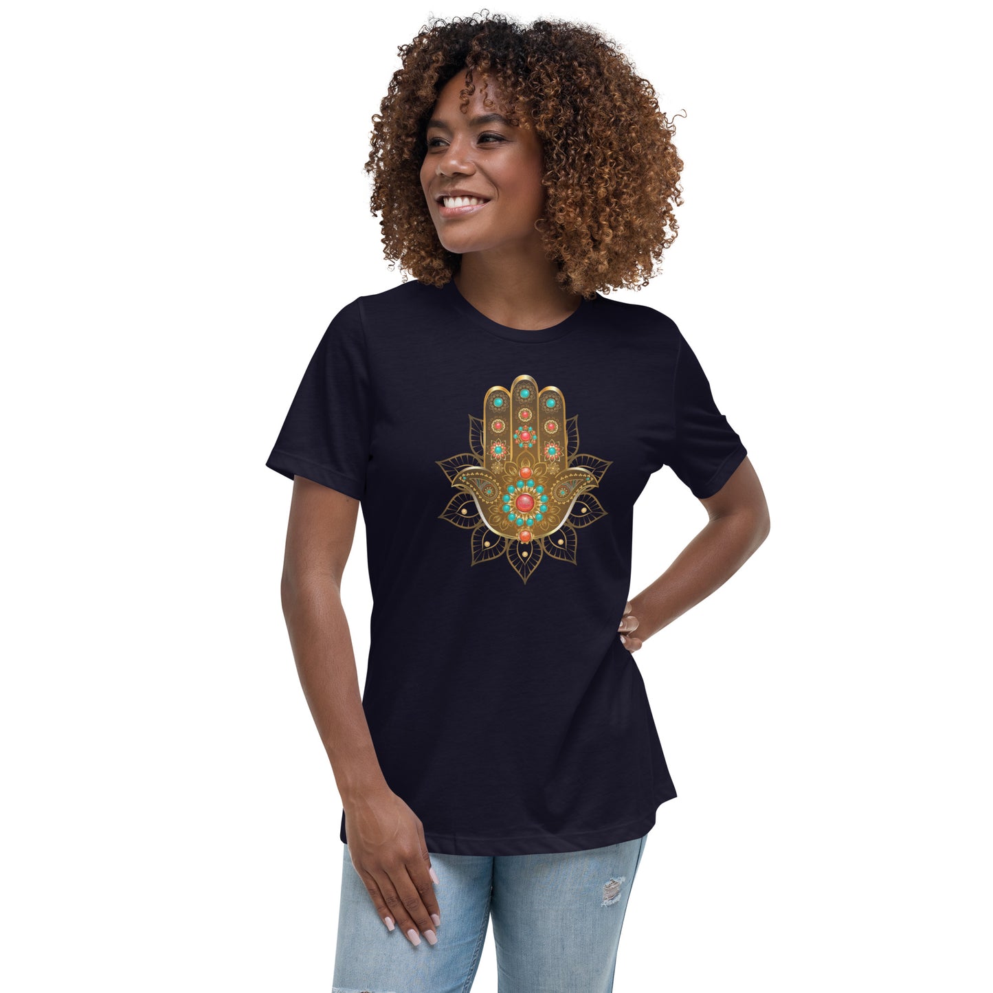 Women's Relaxed Soft & Smooth Premium Quality T-Shirt Gold Bead Hamsa Design by IOBI Original Apparel