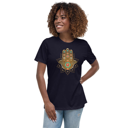 Women's Relaxed Soft & Smooth Premium Quality T-Shirt Gold Bead Hamsa Design by IOBI Original Apparel